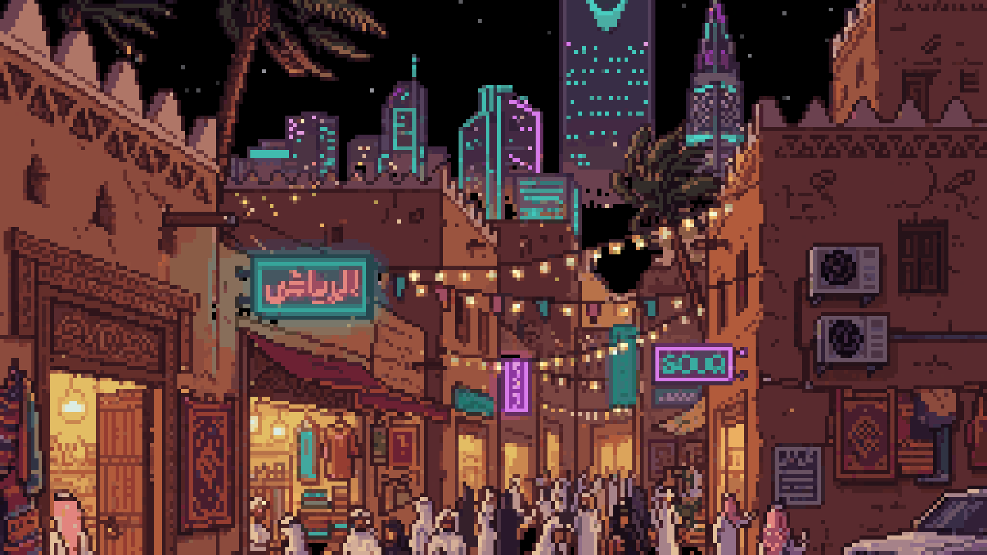 Pixel art of a Riyadh souq at night: mud-brick walls, neon Arabic signs, string lights and crowds, with Kingdom Centre and Al Faisaliah towers behind.